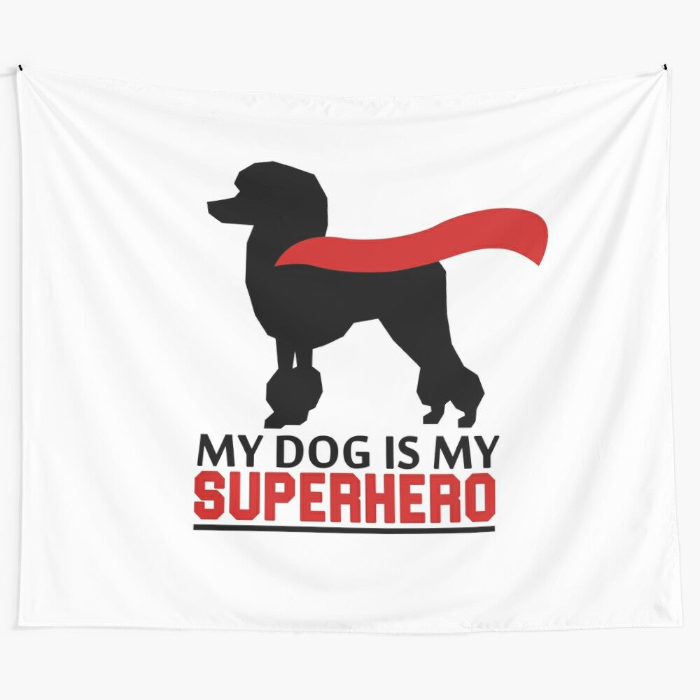 Poodle dressed as a superhero in a vibrant tapestry design