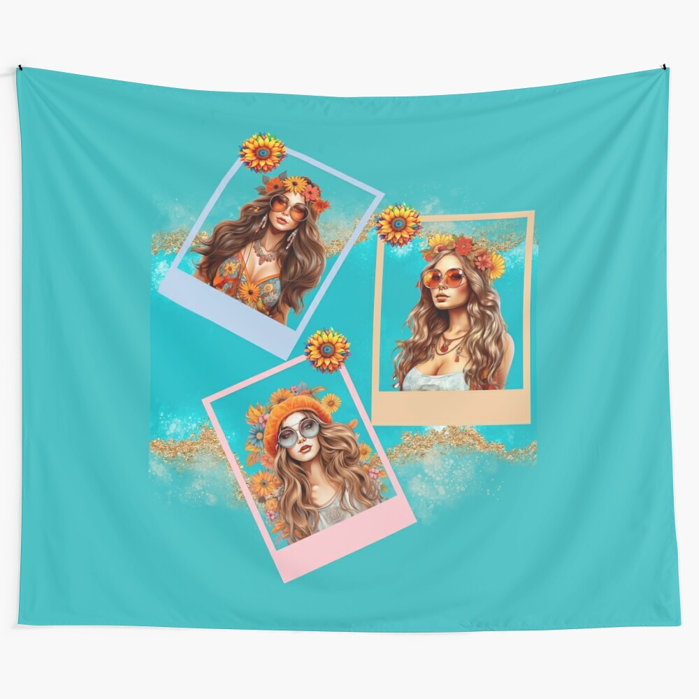 Hippie girl tapestry with sunflowers and retro design