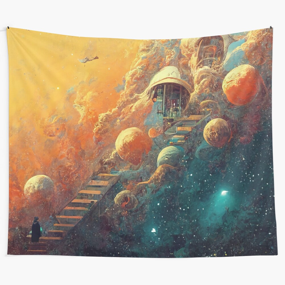 Surreal abstract art tapestry featuring a cosmic stairway leading through a teal and orange space scene