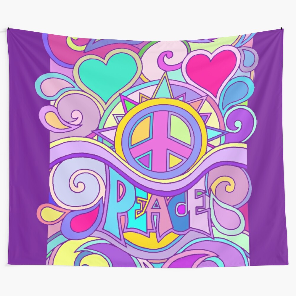 Colorful psychedelic retro tapestry with hippie and peace symbols