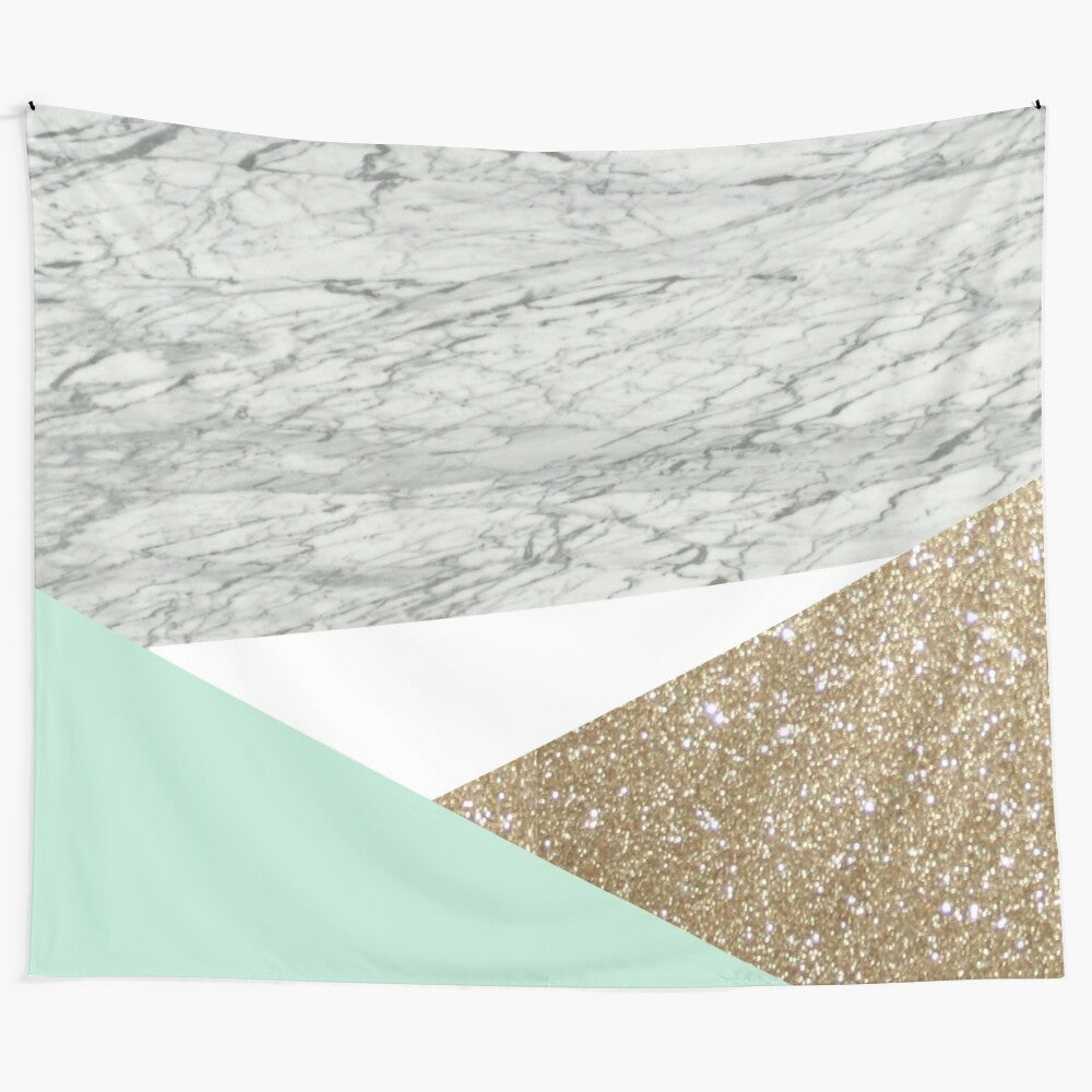 Minimalist geometric tapestry with marble texture and green triangles