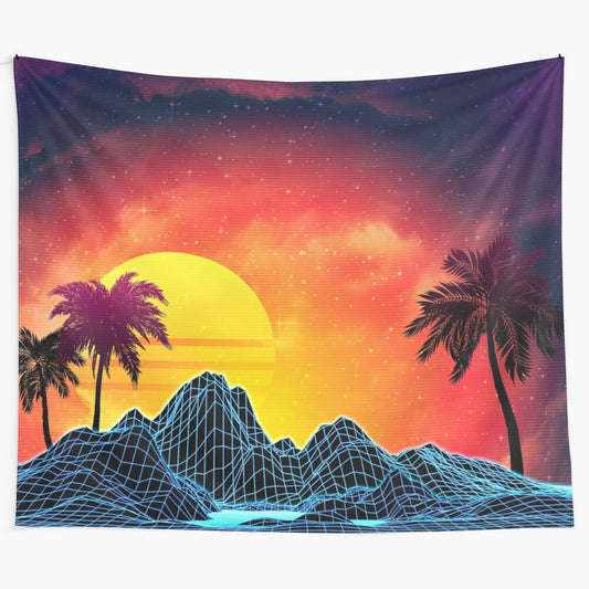 Vaporwave 80s retro aesthetic tapestry with sunset, grid, and glitch elements