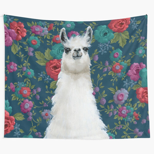 Colorful acrylic llama tapestry with floral pattern