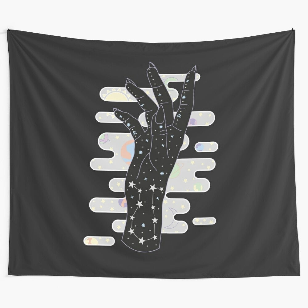 Minimalist tapestry featuring zodiac sign illustrations and celestial elements