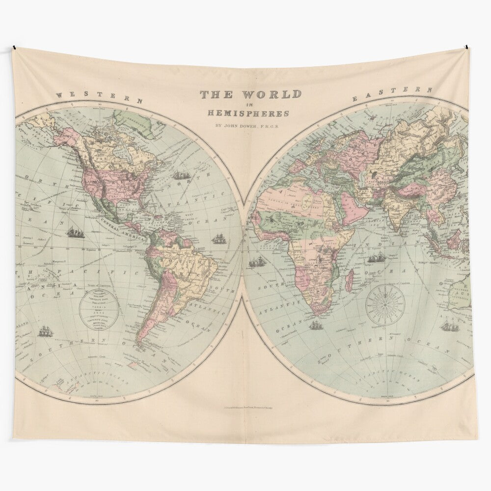 Vintage 1873 world map tapestry featuring historical cartography