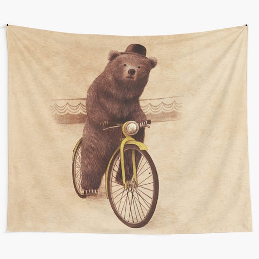 Whimsical digital illustration of a bear wearing a bowler hat riding a vintage bicycle