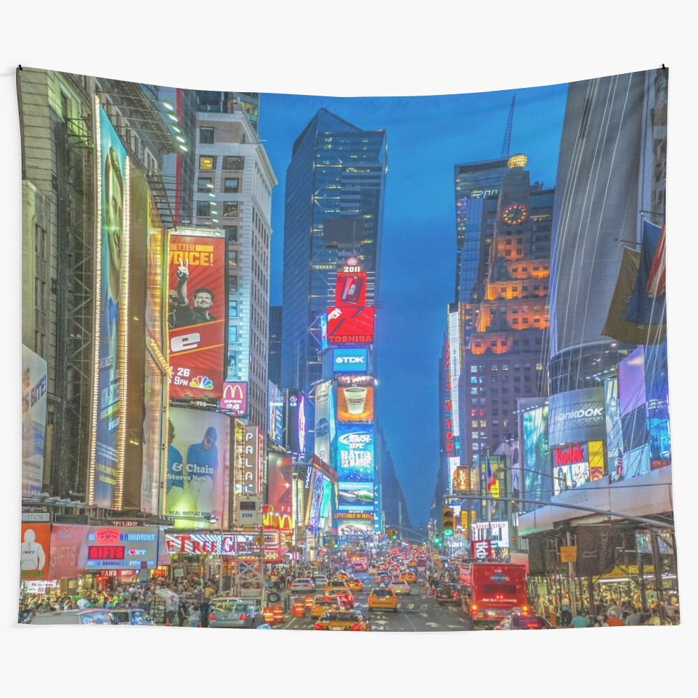 Colorful tapestry depicting the iconic Broadway and Times Square in New York City at night