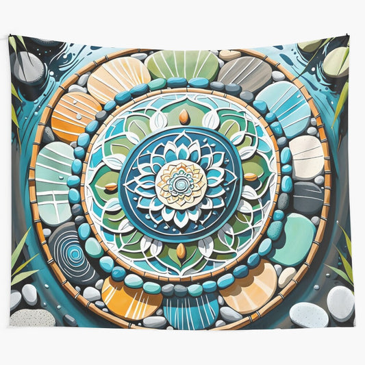 Relaxing mandala tapestry with natural elements like stones and greenery