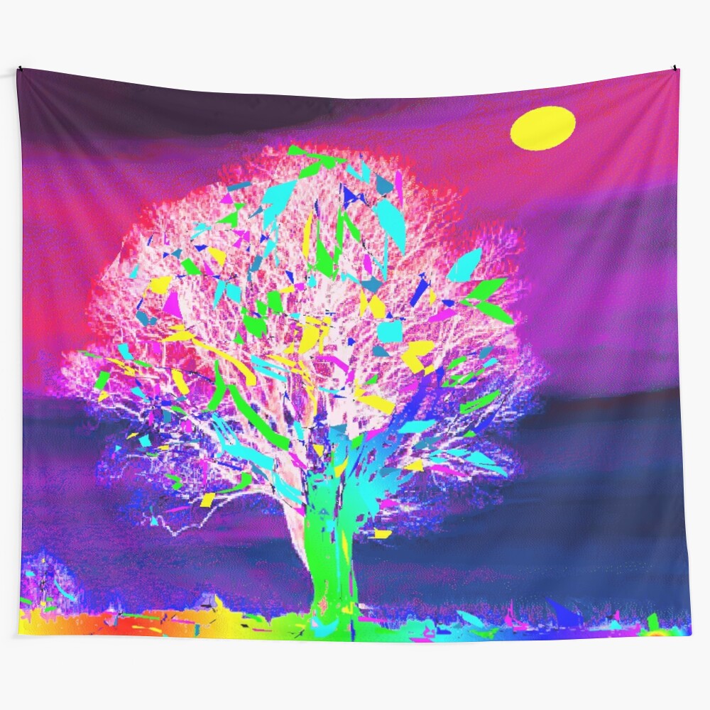 Fire tree tapestry with colorful, ethereal floral design