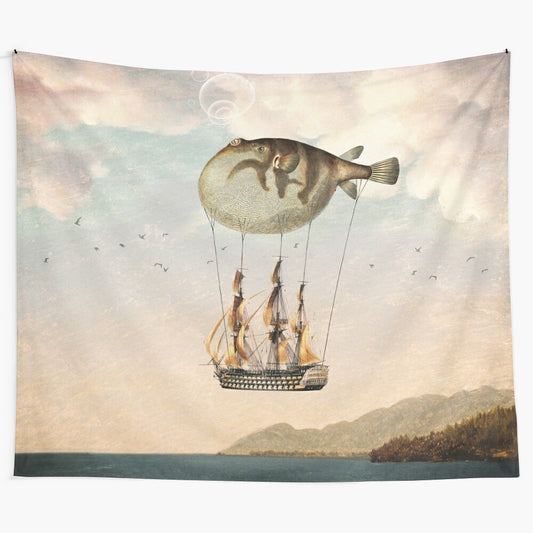 Whimsical tapestry depicting a sea adventure with various sea creatures and a ship sailing through the waves