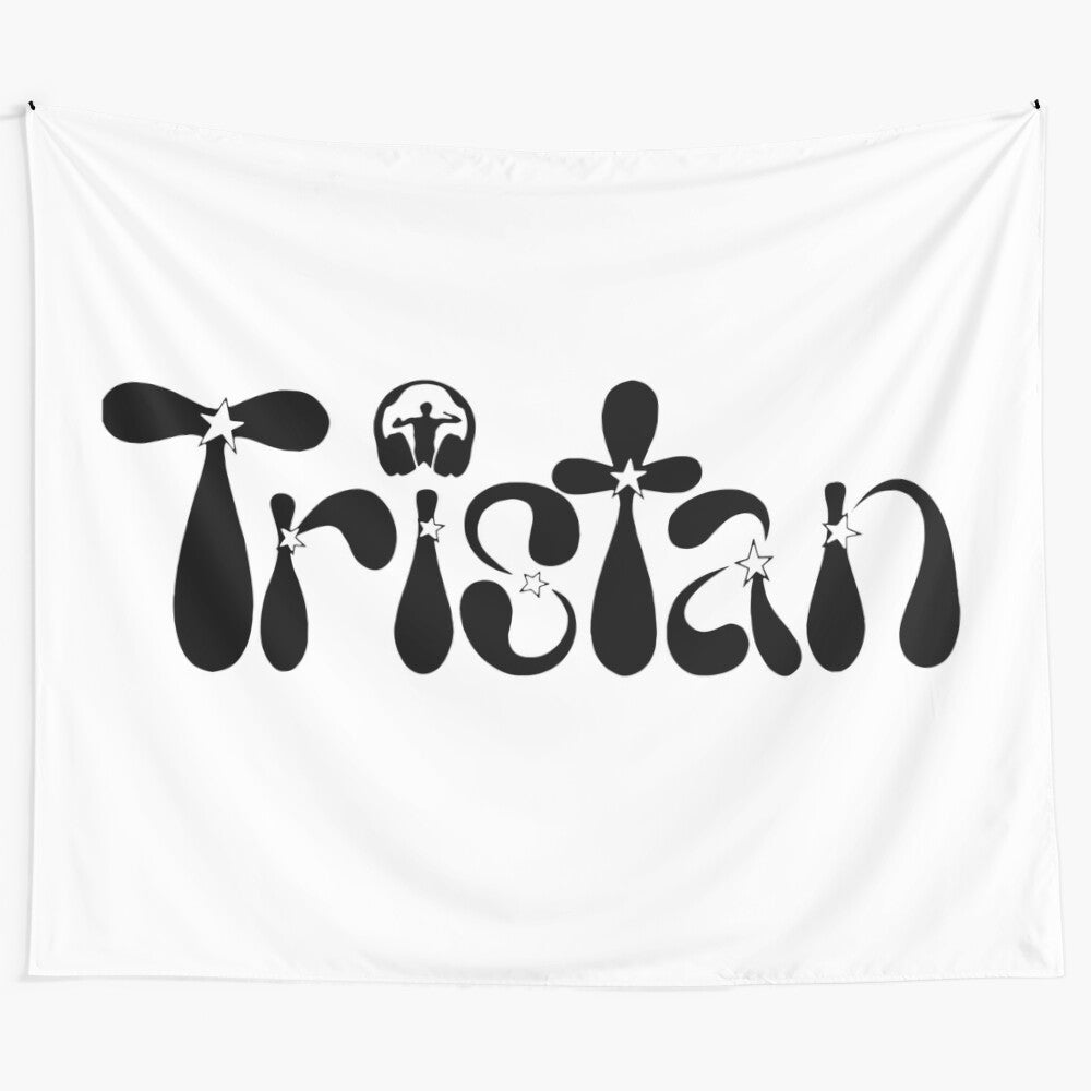 Tristan logo tapestry featuring psychedelic colors and patterns