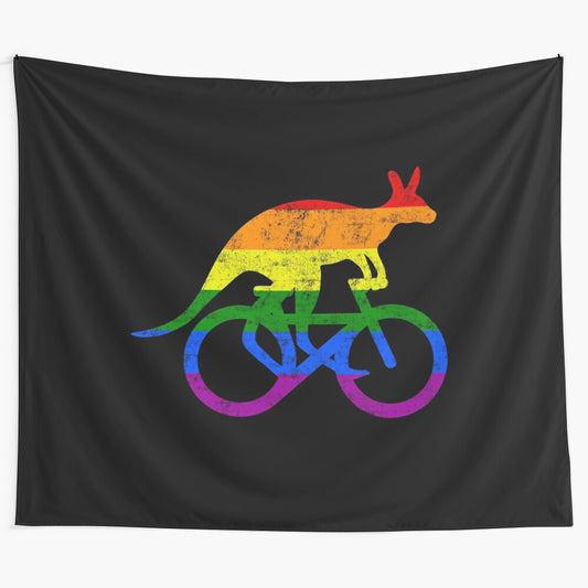 Colorful kangaroo on a bicycle with a rainbow flag, motivational sports artwork