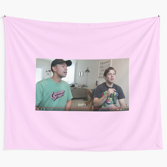 Colorful tapestry featuring a screenshot from Cody Ko and Noel Miller's "BARS" reaction video