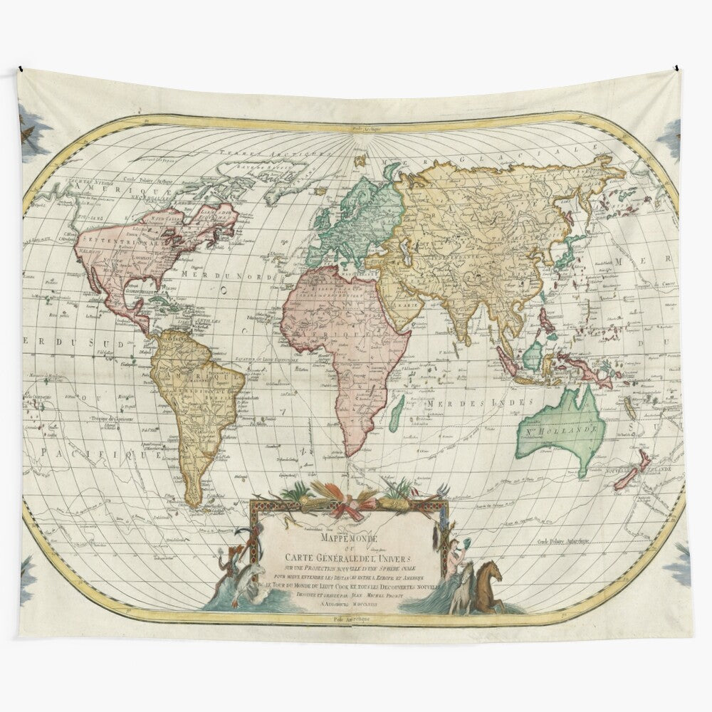 Vintage-style map of the world tapestry with historical cartography