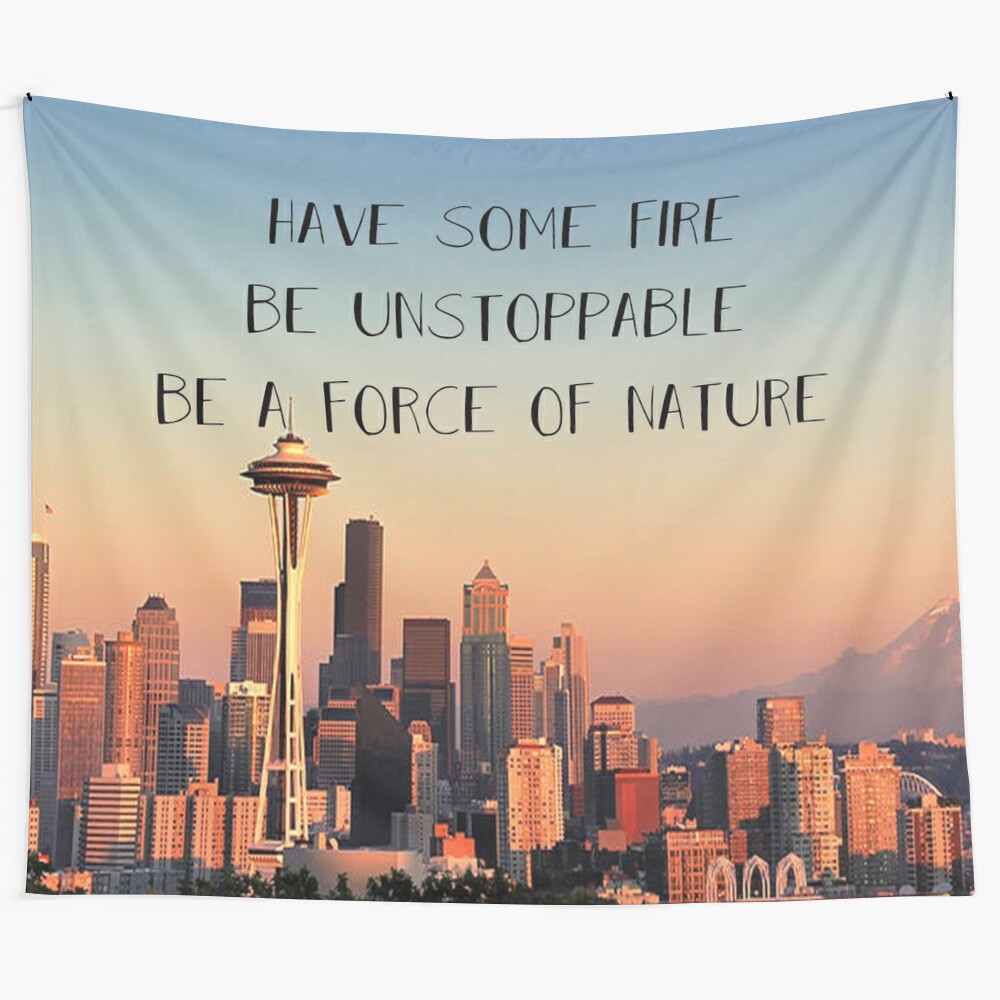 Tapestry featuring inspirational quote and Seattle skyline