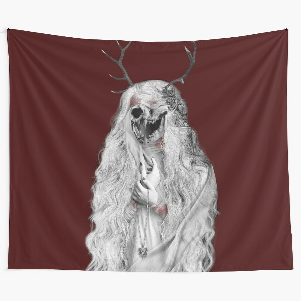 Bloodborne-inspired tapestry featuring a dark, creepy dog-like creature