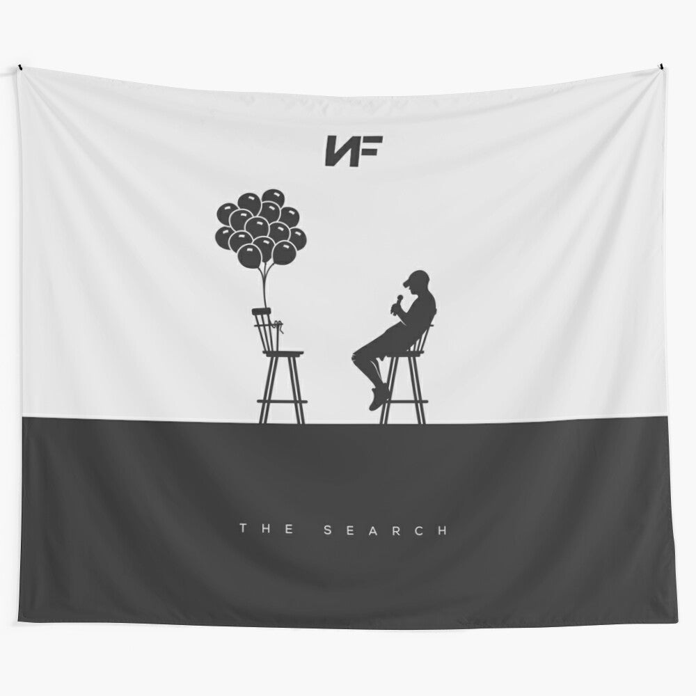 Monochrome tapestry featuring NF and his balloons, a unique fan-made artwork.