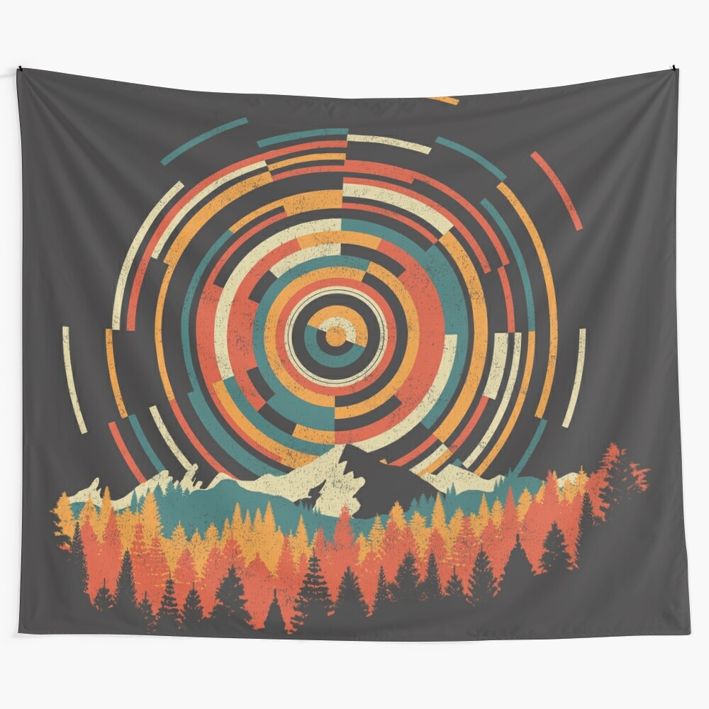 Geometric sunrise landscape tapestry with circular patterns and mountain silhouettes