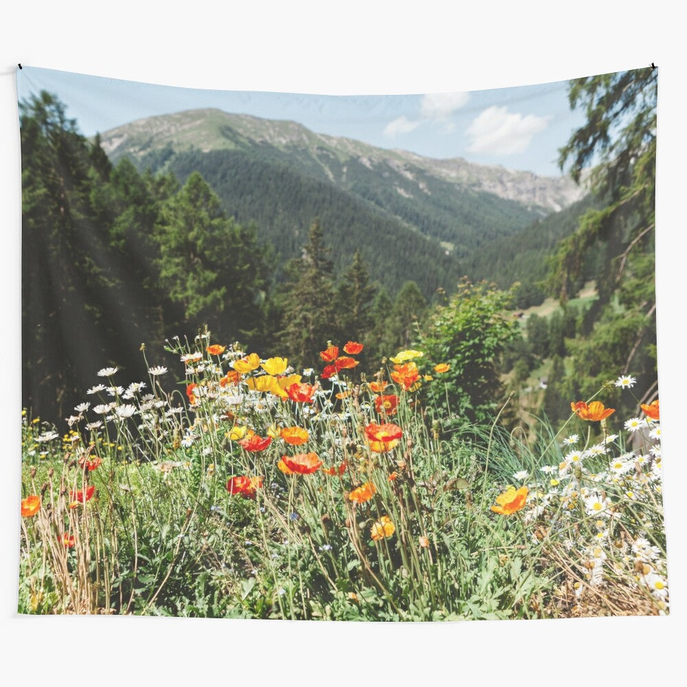 Mountain garden tapestry showcasing a scenic landscape with wildflowers and hiking trails