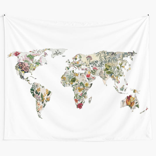 Vintage botanical world map tapestry with flowers and plants