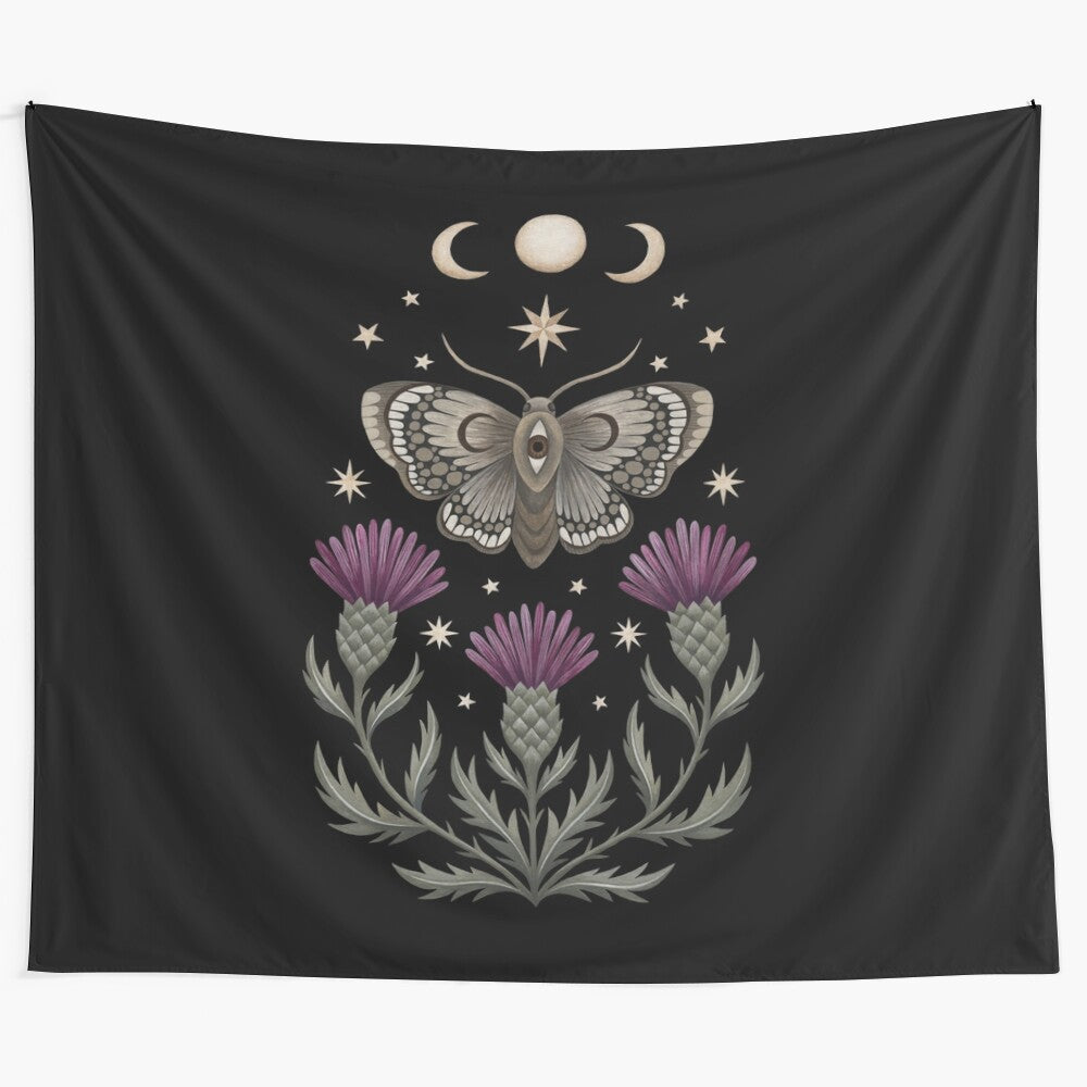 Ethereal moth and thistle tapestry featuring a mystical, nature-inspired design