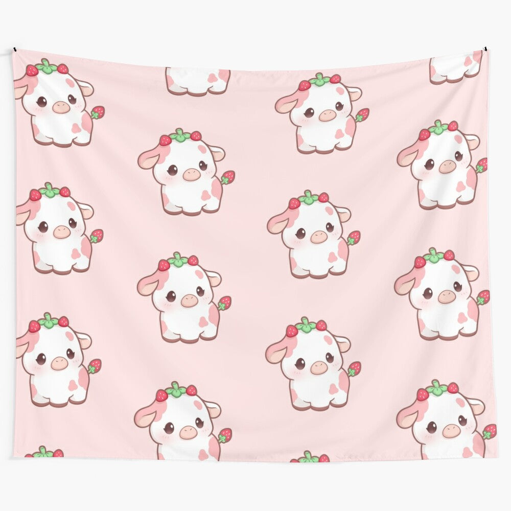 Strawberry Cow Tapestry - Cute, Kawaii Cow Pattern