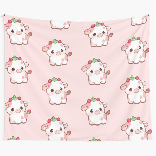 Strawberry Cow Tapestry - Cute, Kawaii Cow Pattern