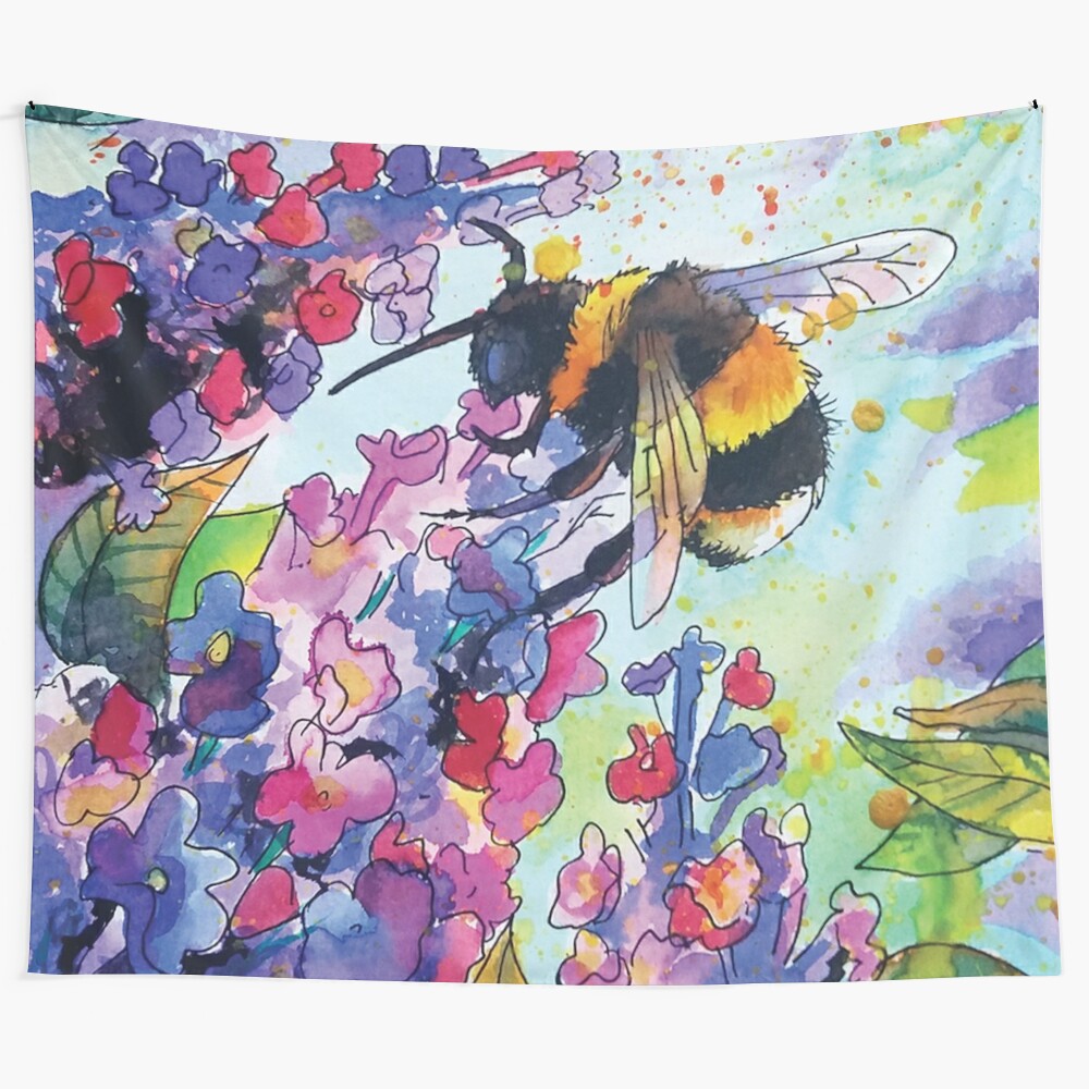 Colorful tapestry featuring a bee pollinating pink and purple flowers