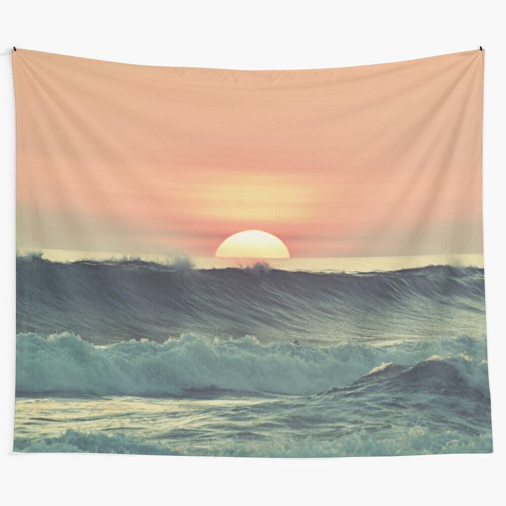 Vibrant ocean sunset tapestry featuring waves and warm colors