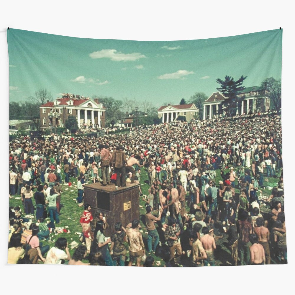 Vintage-style tapestry depicting the University of Virginia campus and Easters celebration from 1975, in a colorized design.