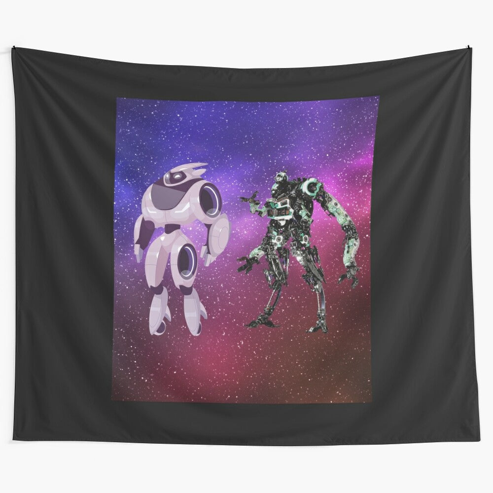 Robots floating in the vastness of space on a colorful tapestry