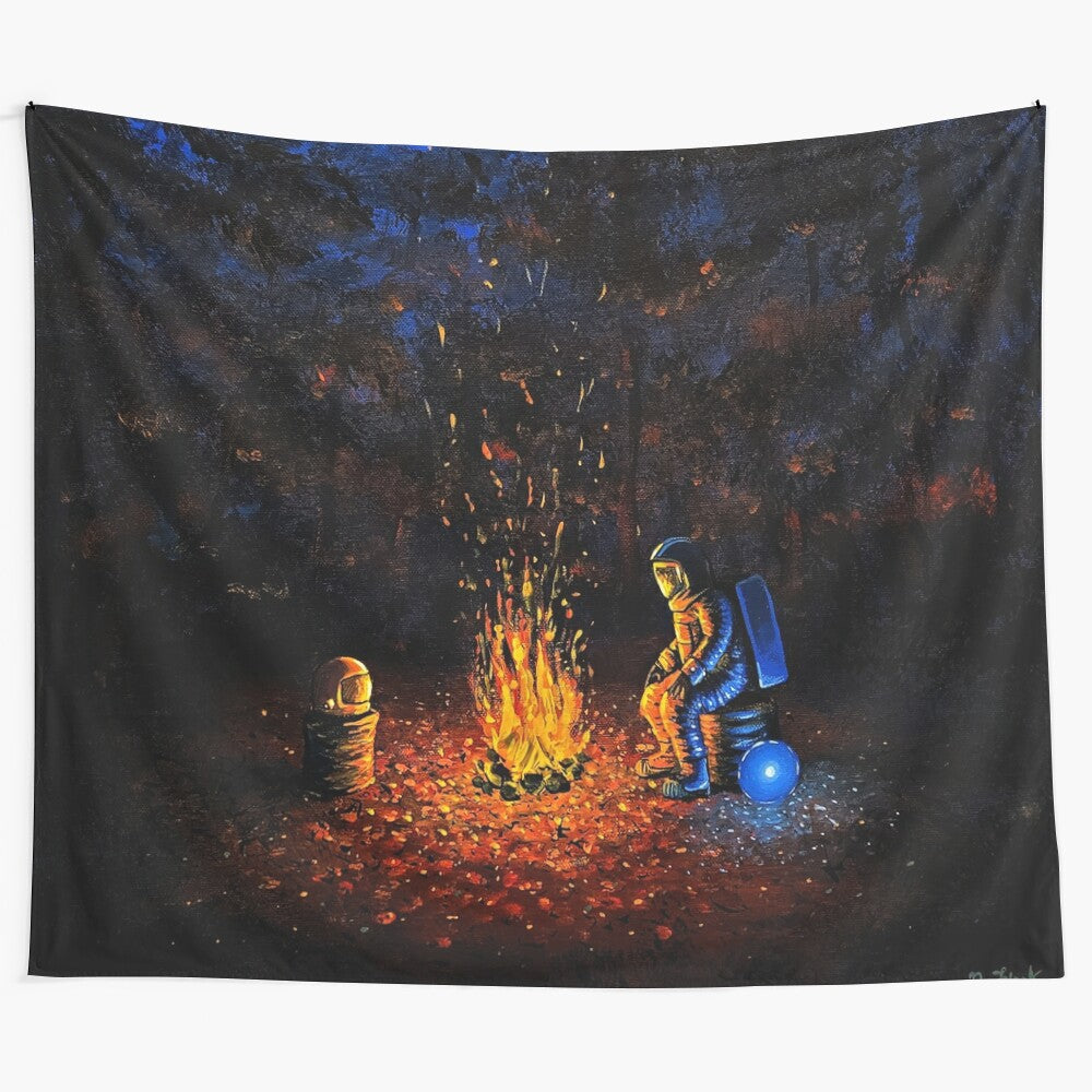 Vibrant tapestry featuring a spaceman silhouette and cosmic landscape