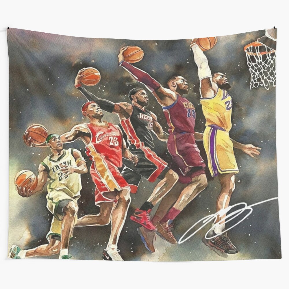 Vintage-style basketball tapestry featuring players and team logos