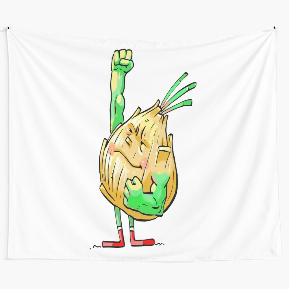 Onion superhero tapestry featuring a strong onion character in a foodietoon style