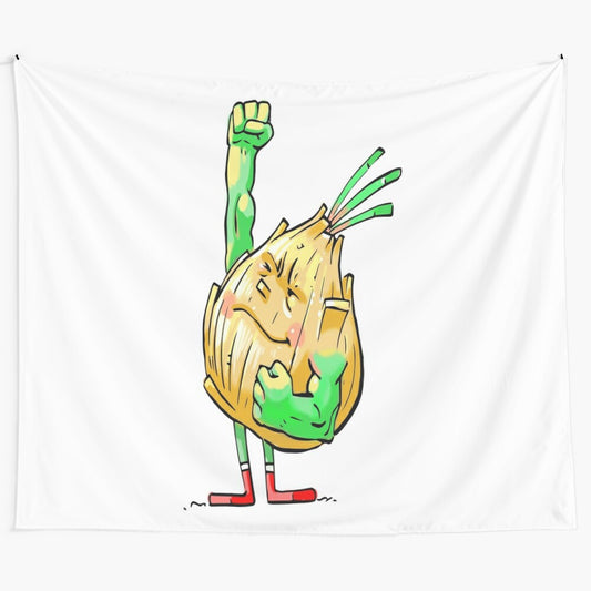 Onion superhero tapestry featuring a strong onion character in a foodietoon style