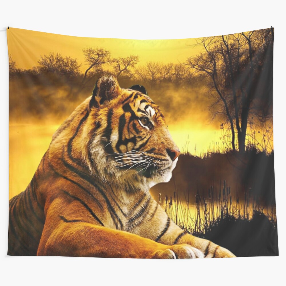 Stunning tapestry featuring a tiger in a sunset landscape