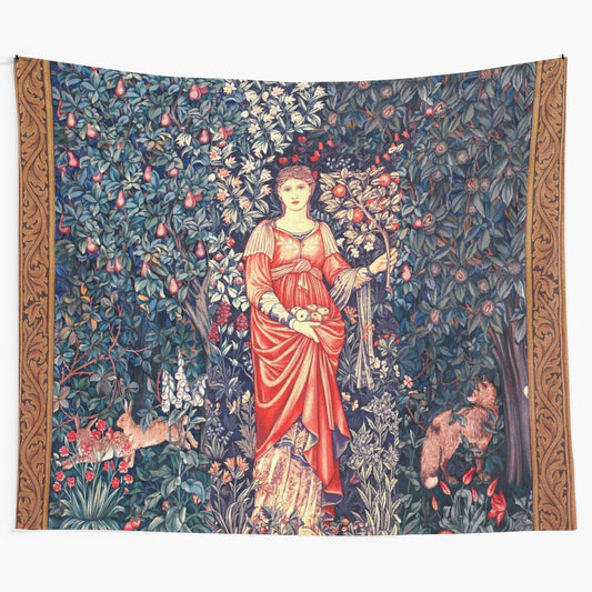 Pomona, the Goddess of Abundance, holding fruits in a lush, floral tapestry with forest animals