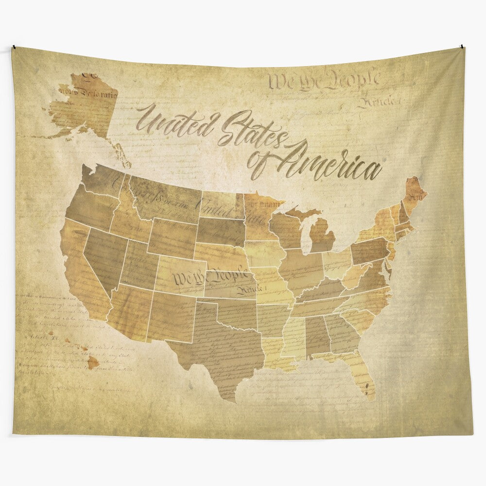 Vintage-inspired United States of America map tapestry with faded Constitution and Bill of Rights elements