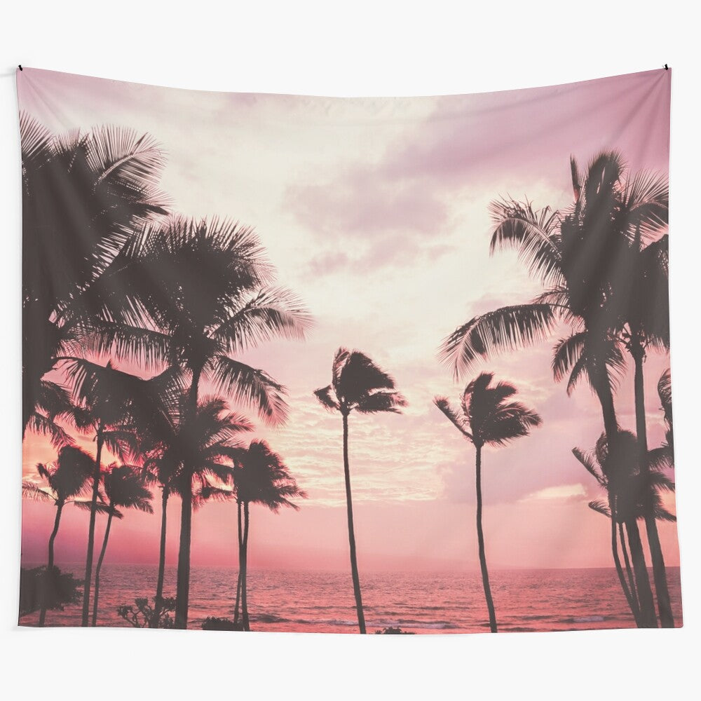 Pink palm tree tapestry with tropical paradise scene