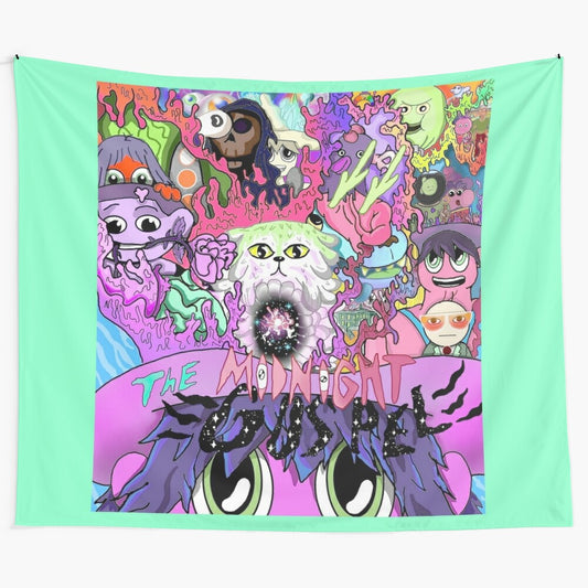 Colorful freehand collage style tapestry featuring characters and scenes from the TV show 'The Midnight Gospel'