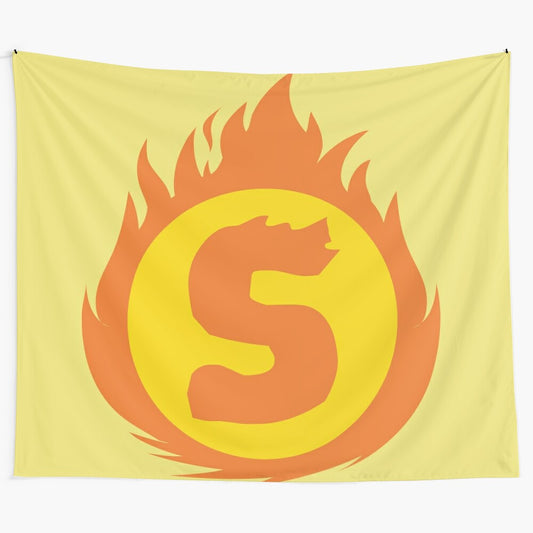 Superhero-inspired tapestry featuring the letter S with a fire insignia design