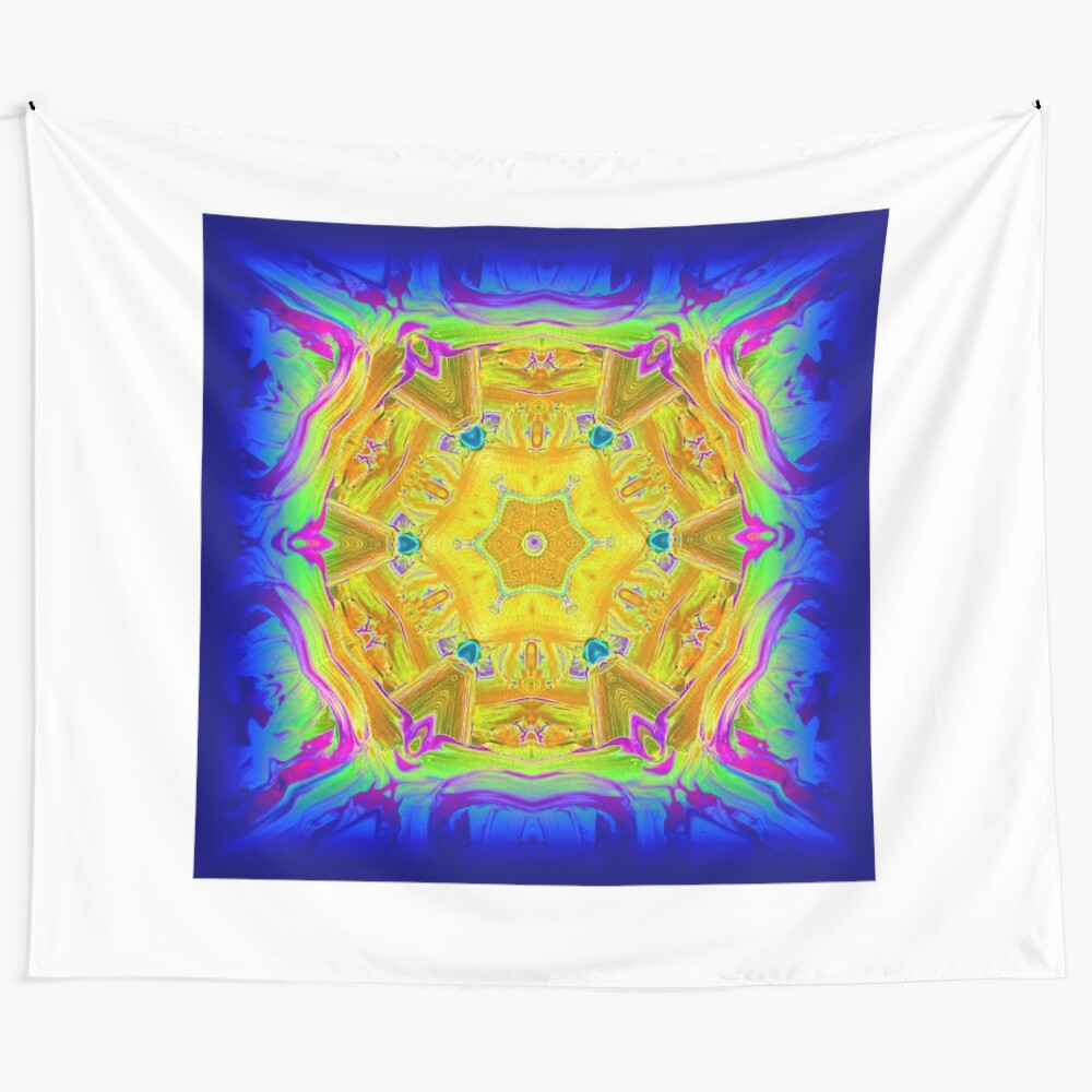 Colorful blue star and galaxy tapestry with a psychedelic, cosmic design