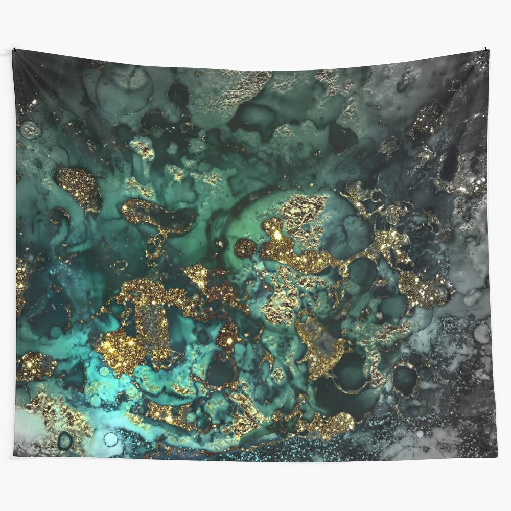 Stylish and textured marble-inspired tapestry with shimmering gold and indigo accents