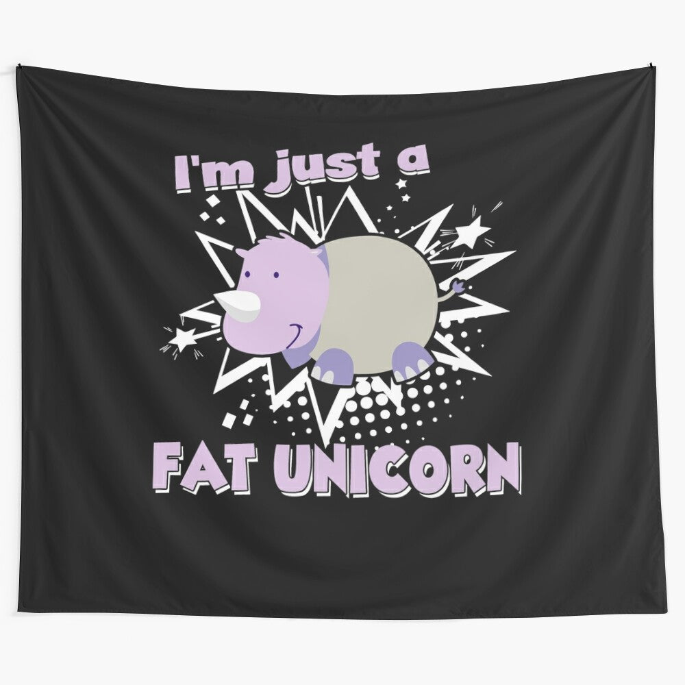 Colorful fat unicorn tapestry with a whimsical design for cozy home and bedroom decor