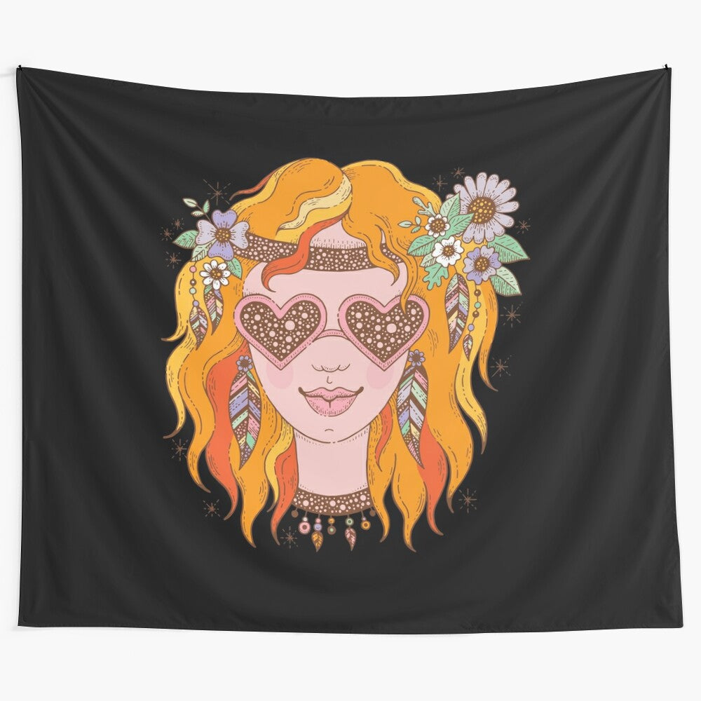 Boho hippie woman tapestry with vibrant colors and peace symbols