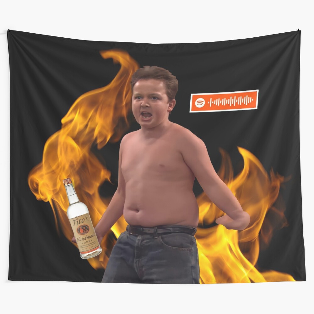 Gibby meme-inspired tapestry featuring a humorous college party scene