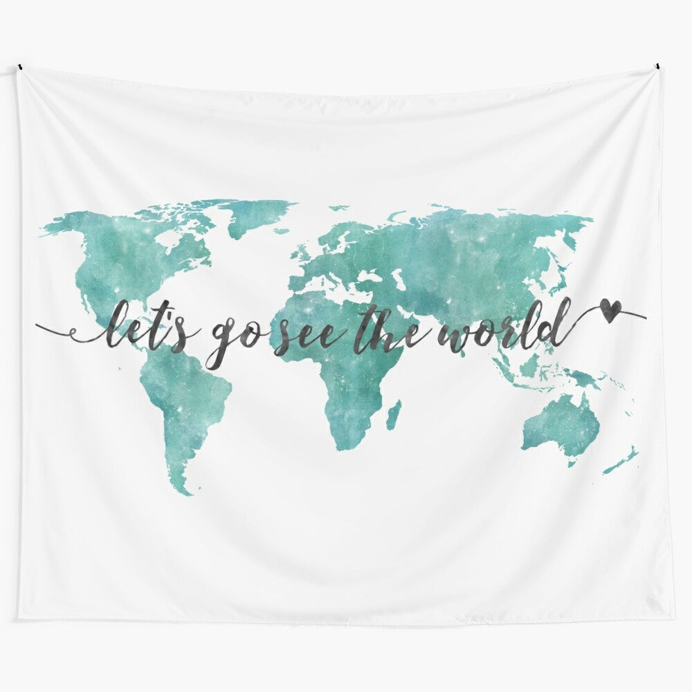 Watercolor world map tapestry featuring a blue and green design for travel inspiration