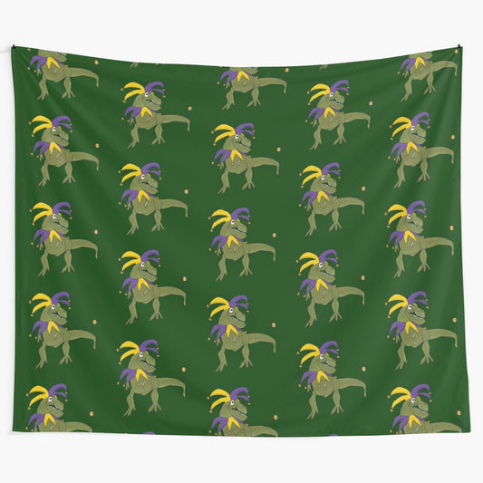 Colorful tapestry featuring a T-Rex dressed as a jester