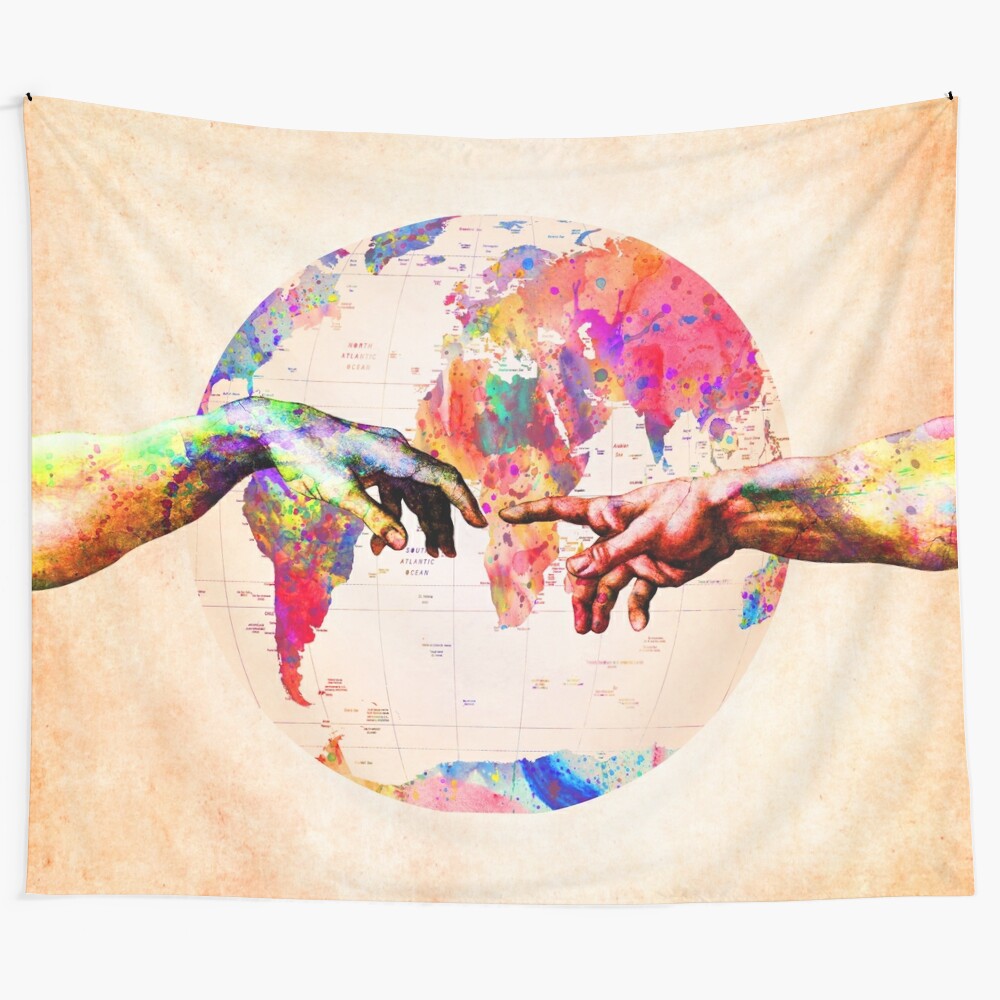 Vintage-inspired "Creation of Adam" world map tapestry