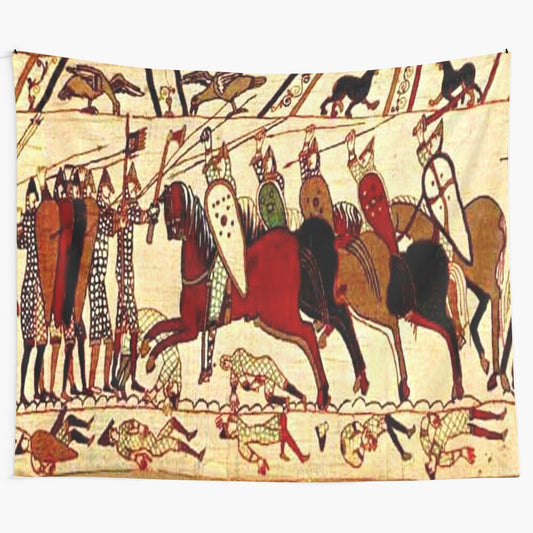 Detailed medieval tapestry scene of the Battle of Hastings, featuring soldiers, horses, and historical figures